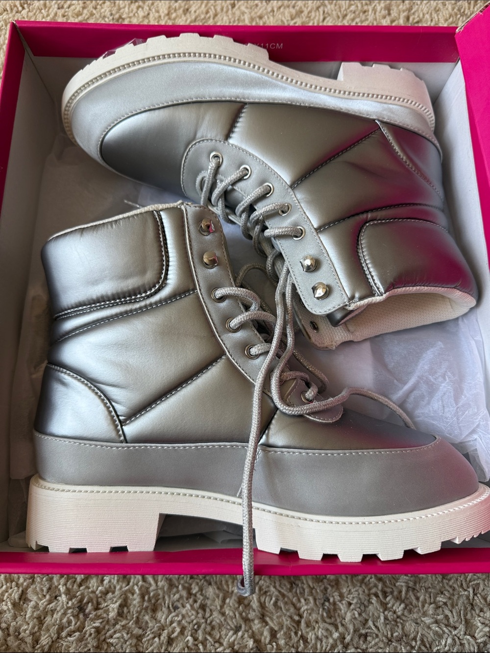 Shoe Dazzle Metallic Silver Lace-Up Winter Boots